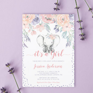 Convite Chá de fraldas de Elefante Floral Púrpura Rosa