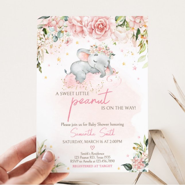 Convite Chá de fraldas de Elefante Floral Rosa (Pink Floral Sleeping Elephant Baby Shower Invitation)