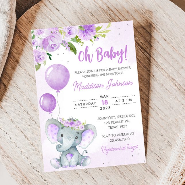 Convite Chá de fraldas de Elefante Floral Roxo (Purple Floral Elephant Balloon Baby Shower Invitation
)