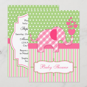Convite Chá de fraldas de Elefante Gingham Rosa