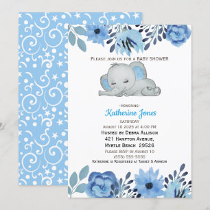 Convite Chá de fraldas de Elefante Insular Floral Azul