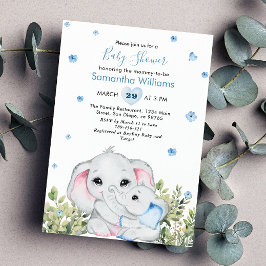 Convite Chá de fraldas de Elefante Mamãe Azul Doce