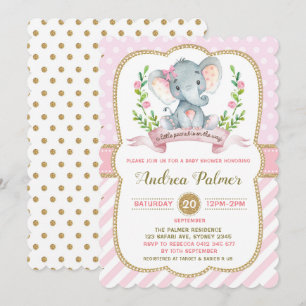 Convite Chá de fraldas de Elefante para Meninas Rosa e Do
