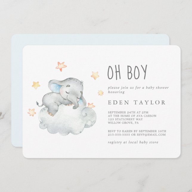 Convite Chá de fraldas de Elefante Pequeno Dormindo (Frente/Verso)