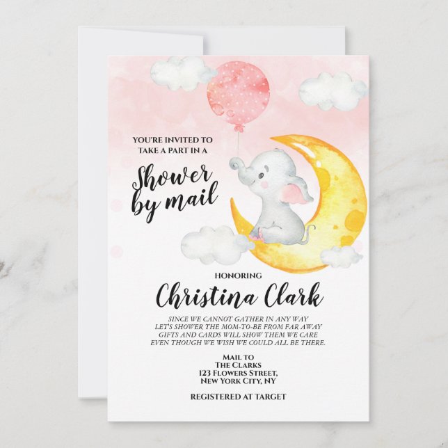 Convite Chá de fraldas de elefante por Mail Baby Girl Pink (Frente)