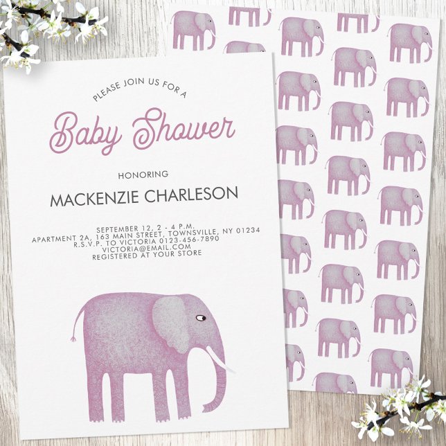 Convite Chá de fraldas de Elefante Rosa (Pink watercolor elephant baby girl shower invitation)