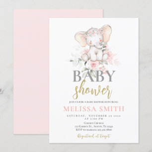Convite Chá de fraldas de Elefante Rosa Blush