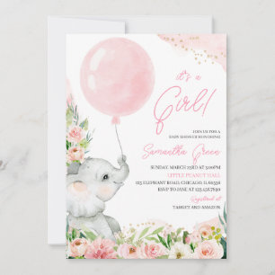 Convite Chá de fraldas de Elefante Rosa Floral