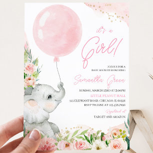 Convite Chá de fraldas de Elefante Rosa Floral