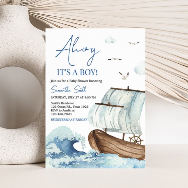Convite Chá de fraldas de embarcação náutica (Ahoy It's A Boy Baby Shower Invitation)