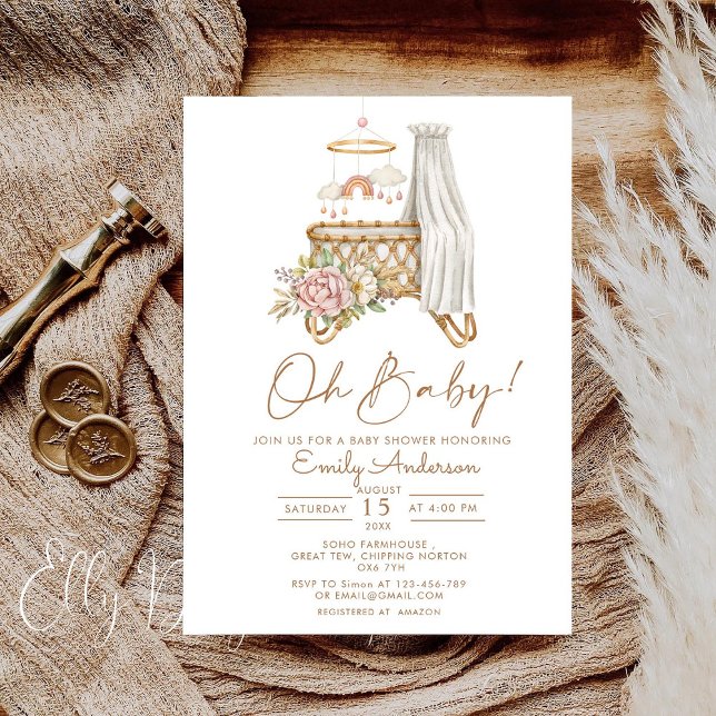 Convite Chá de fraldas de Enfermeiro Boho Floral Crib Bass (Criador carregado)