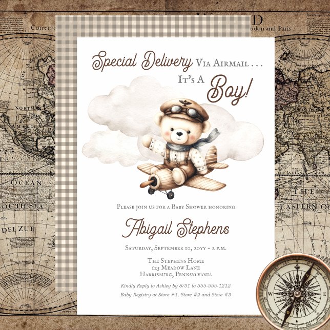 Convite Chá de fraldas de Entrega Especial do Urso de Tedd (Cute "Special Delivery Via Airmail . . . It's A Boy!" Teddy Bear | Airplane Baby Shower Invitation)