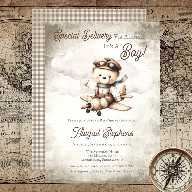 Convite Chá de fraldas de Entrega Especial do Urso de Tedd (Cute "Special Delivery Via Airmail . . . It's A Boy!" Teddy Bear | Airplane Baby Shower Invitation)