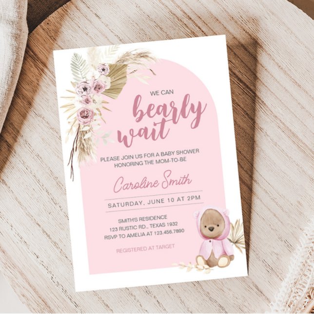 Convite Chá de fraldas de espera da barra rosa (Pink Rustic Teddy Bear Baby Shower Invitation)