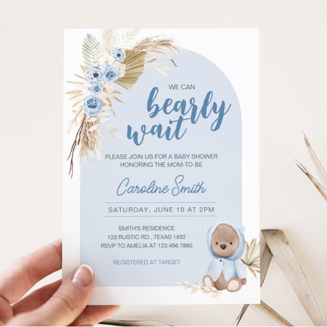 Convite Chá de fraldas de Espera da Pisca Azul (Boho Teddy Bear Baby Shower Invitation)