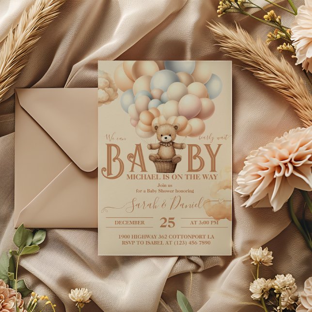 Convite Chá de fraldas de Espera de Balões de Urso de Tedd (Criador carregado)