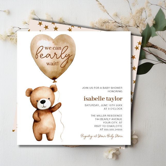 Convite Chá de fraldas de Espera do Balão de Urso (Bear Balloon Bearly Wait Baby Shower Invitation)