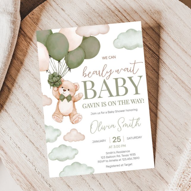 Convite Chá de fraldas de Espera do Balão de Urso Verde (Green Bearly Wait Baby Bear Balloon Baby Shower Invitation
)
