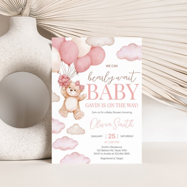 Convite Chá de fraldas de Espera do Balão do Urso Rosa (Pink Bearly Wait Baby Bear Balloon Baby Shower Invitation
)