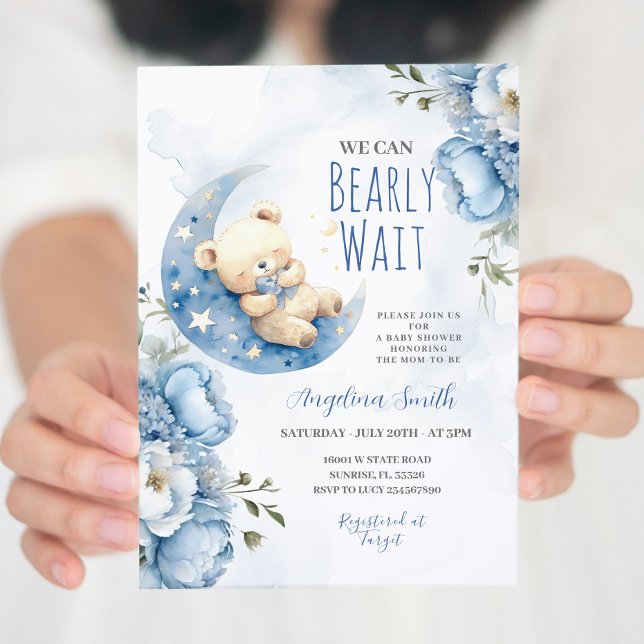 Convite Chá de fraldas de Espera do Urso Azul de Aquarela (Criador carregado)