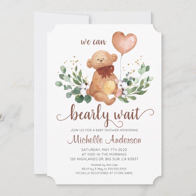 Convite Chá de fraldas de Espera do Urso Cinzento Verde (Frente)