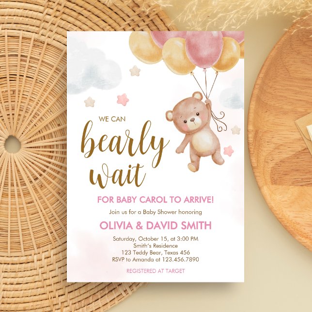 Convite Chá de fraldas de Espera do Urso Menino (We Can Bearly Wait Bear Balloons Baby Shower Invitation)