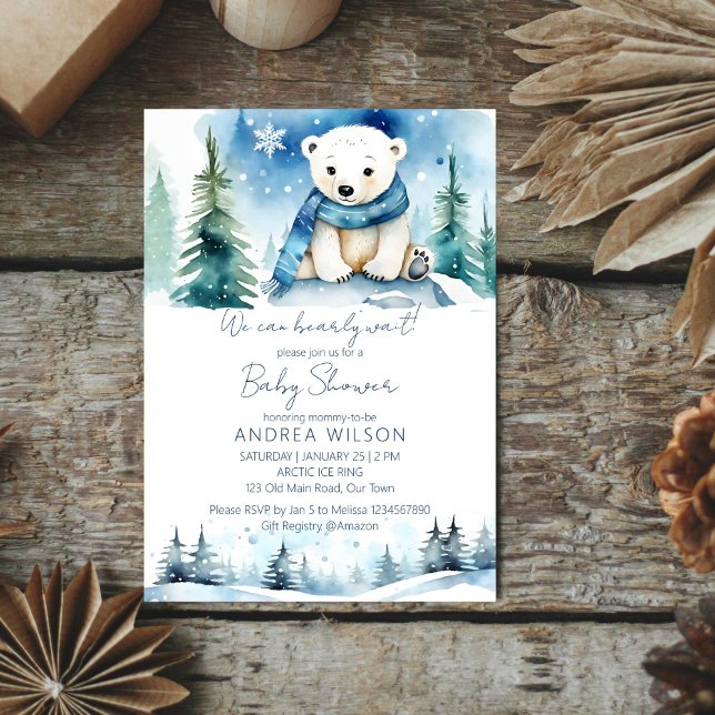 Convite Chá de fraldas de espera do urso polar (Polar bear winter bearly wait baby shower editable template  invitation digital download cute pines)