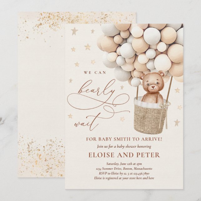 Convite Chá de fraldas de Espera Neutral do Balão do Urso  (Frente/Verso)