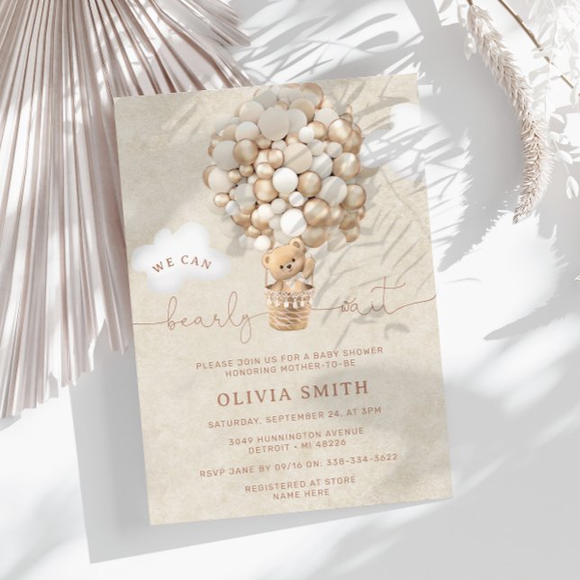 Convite Chá de fraldas de Espera Neutral do Balão do Urso  (Criador carregado)
