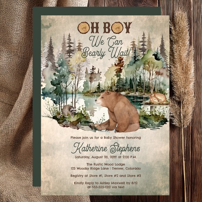 Convite Chá de fraldas de Espera Russo do Garoto Bearle ("Oh Boy We Can Bearly Wait!" Rustic Woodland Bear Forest Animals Baby Shower Invitation - Print Digi)