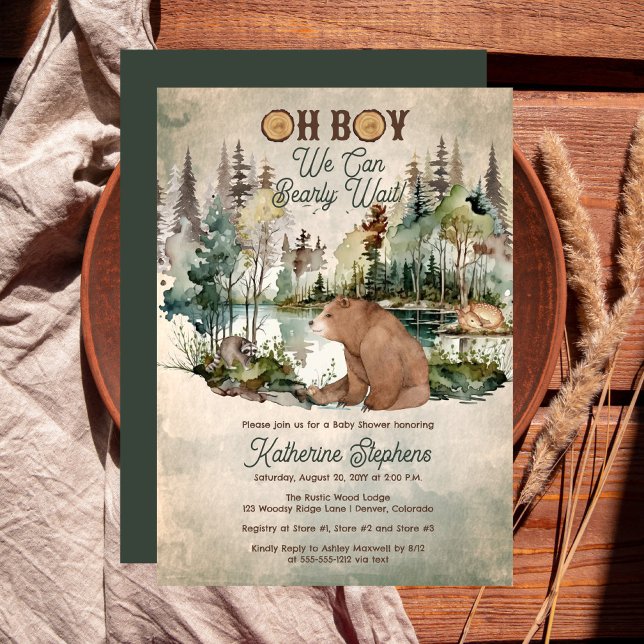 Convite Chá de fraldas de Espera Russo do Garoto Bearle ("Oh Boy We Can Bearly Wait!" Rustic Woodland Bear Forest Animals Baby Shower Invitation - Print Digi)
