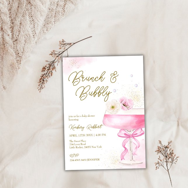 Convite Chá de fraldas de espuma de champanhe rosa Brunch (Pink Floral Champagne Brunch Bubbly Baby Shower Invitation)