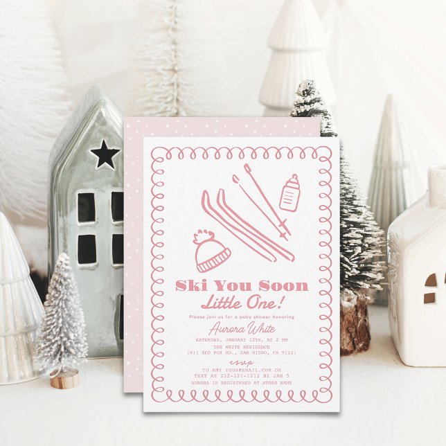 Convite Chá de fraldas De Esqui Rosa Desenhado À Mão (Criador carregado)