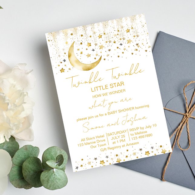 Convite Chá de fraldas de estrela giratória (Twinkle twinkle little star baby shower template invitation digital download gold moon and stars)