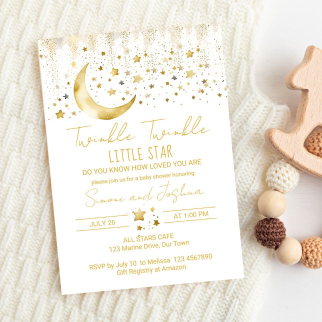 Convite Chá de fraldas de estrela giratória (Twinkle twinkle little star baby shower template invitation digital download white and gold moon)
