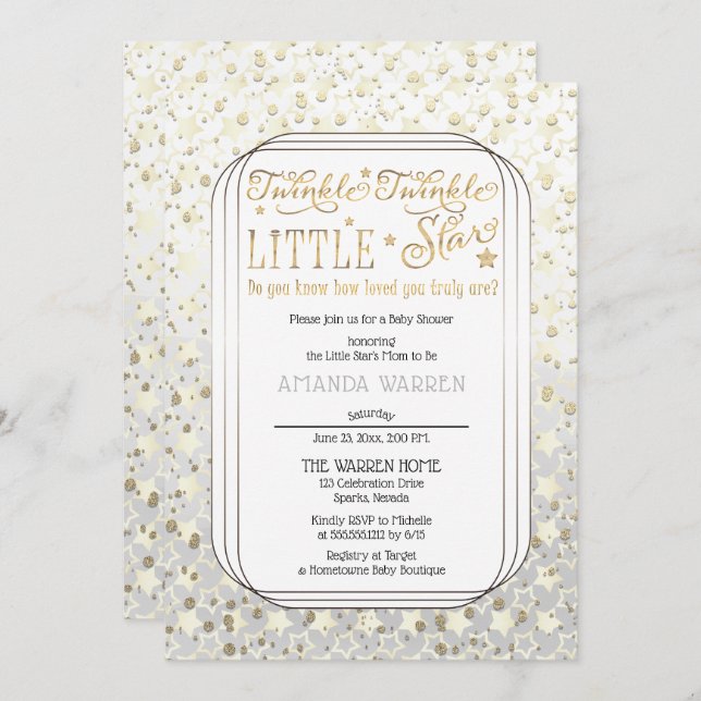 Convite Chá de fraldas de Estrela Pequena Grelha Iridescen (Frente/Verso)