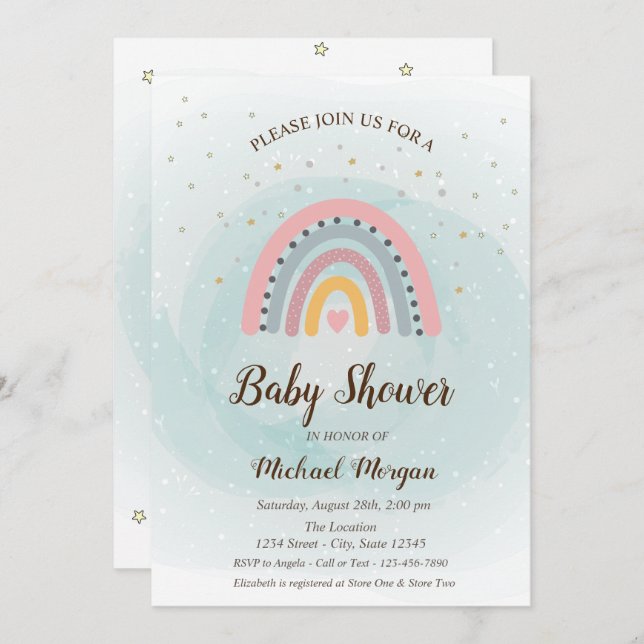 Convite Chá de fraldas de Estrelas Adoráveis do Arco-Íris  (Frente/Verso)
