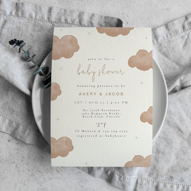 Convite Chá de fraldas de Estrelas de Nuvens de Boho Neutr (Gender Neutral Boho Clouds Stars Baby Shower Invitation)