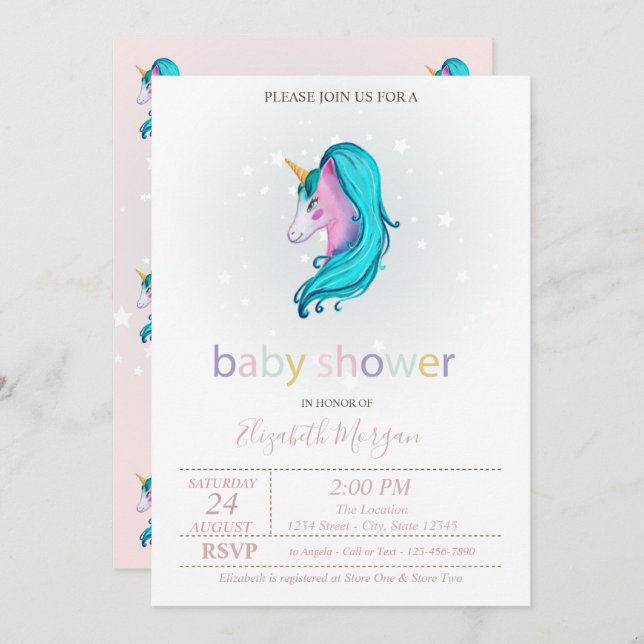 Convite Chá de fraldas de Estrelas de Unicórnio Bonito (Frente/Verso)