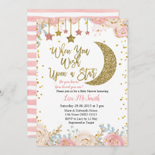 Convite Chá de fraldas de estrelas Dourado cor-de-rosa