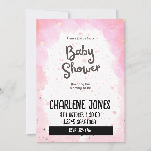 Convite Chá de fraldas de estrelas e nuvens rosa (Frente)