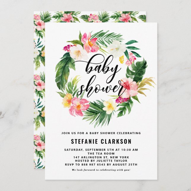 Convite Chá de fraldas de exaustão de flores tropicais de  (Frente/Verso)