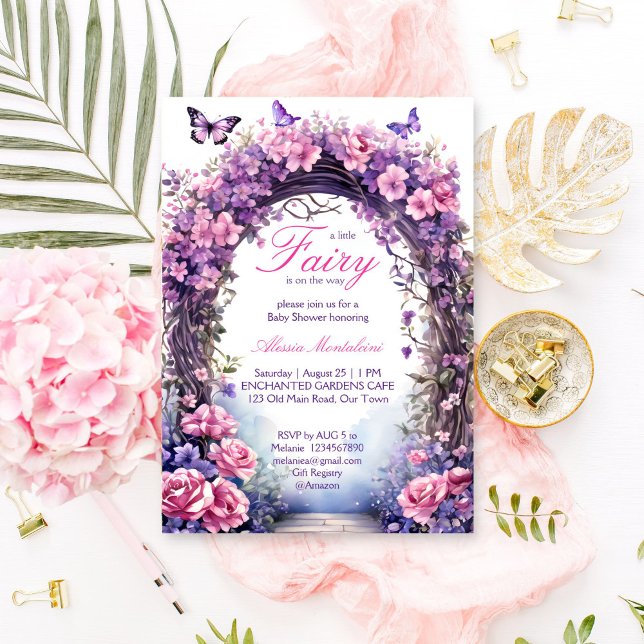 Convite Chá de fraldas de fada de jardim encantado (Purple enchanted garden fairy baby shower invitation editable template instant download fairycore)