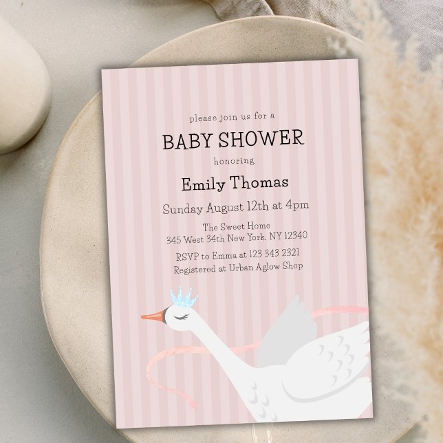 Convite Chá de fraldas de faixa de Swan, Princesa Branca,  (Pink Whimsical Princess Swan Stripe Baby Shower Invitation)