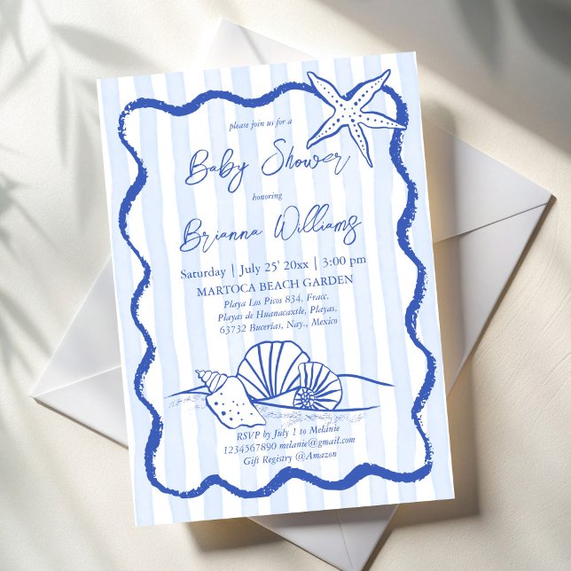 Convite Chá de fraldas de faixas azuis de borda ondulada (Seashells wavy border blue stripes beach nautical baby shower invitation template)