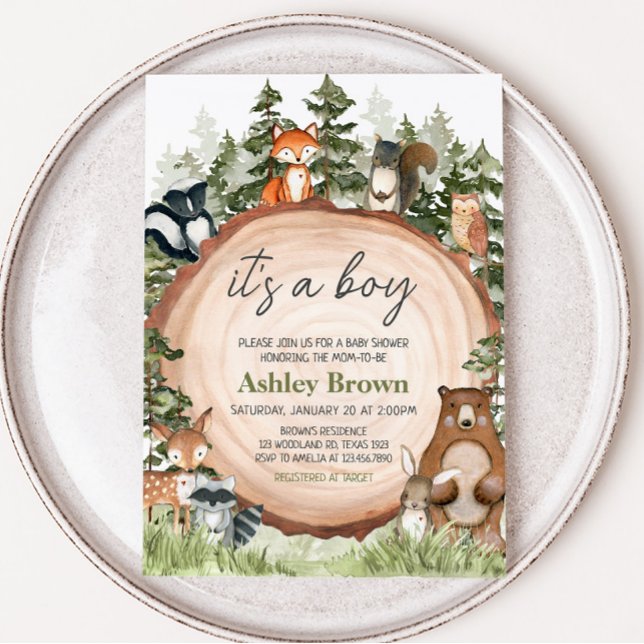 Convite Chá de fraldas de Fatia de Madeira Animais da Flor (Boy Woodland Animals Baby Shower Invitation)