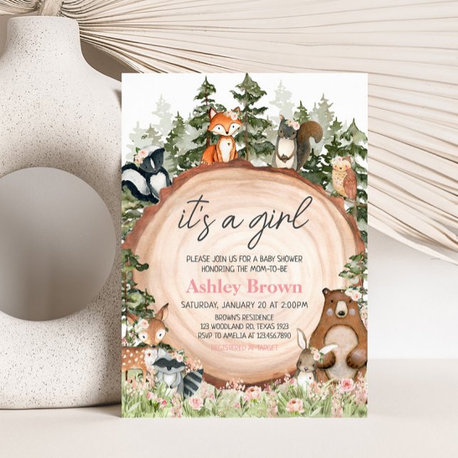 Convite Chá de fraldas de Fatia de Madeira Floral (Floral Woodland Animals Baby Shower Invitation)