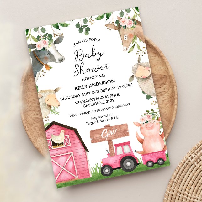 Convite Chá de fraldas de Fazenda de Tritor Rosa (Girls Farm Baby Shower Invitation Farmyard Barnyard Farm Animals Girls Baby Shower Invite Floral)