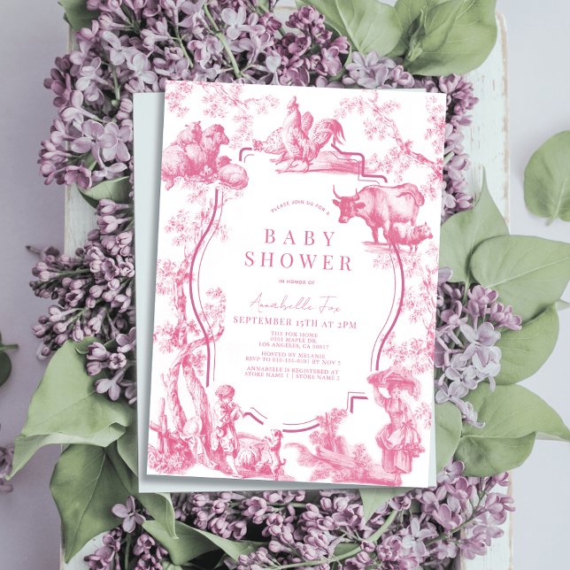 Convite Chá de fraldas de Fazenda francês rosa para animai (Criador carregado)