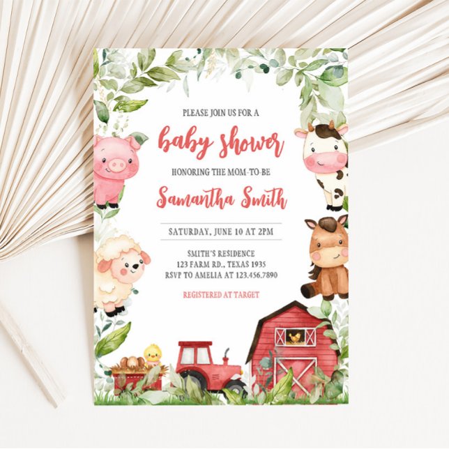 Convite Chá de fraldas de Fazenda Red Barnyard (Boy Red Barnyard Animals Baby Shower Invitation)